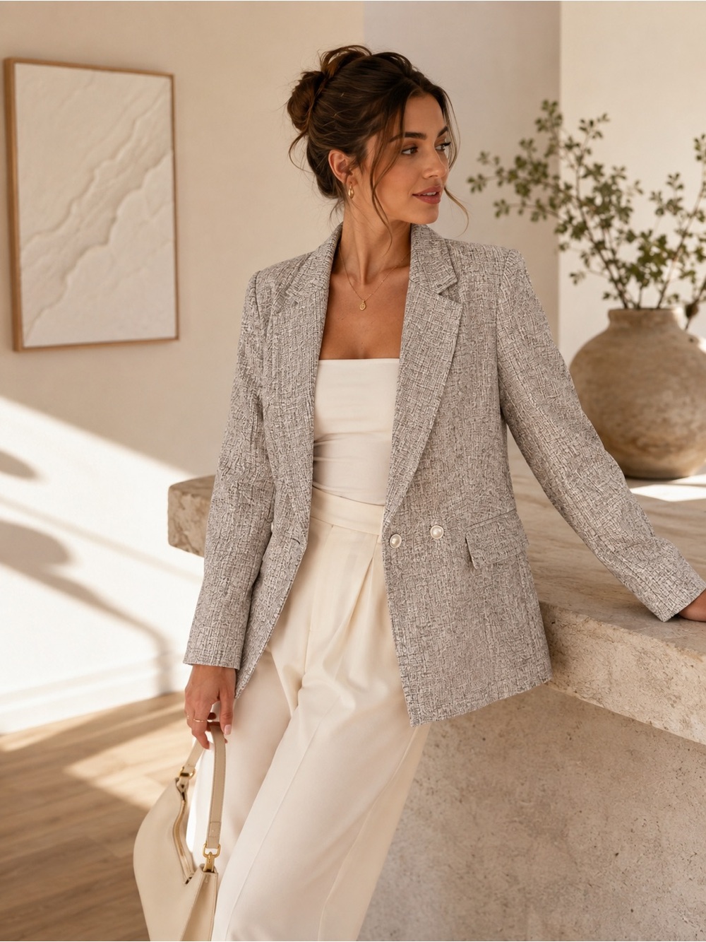 H&M Cream Textured Tweed Double-Breasted Blazer